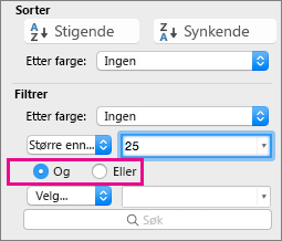 Velg Og eller Eller i Filter-boksen for å legge til flere kriterier