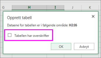 Dialogboks for konvertering av dataområde til en tabell