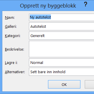 Dialogboksen Opprett ny byggeblokk