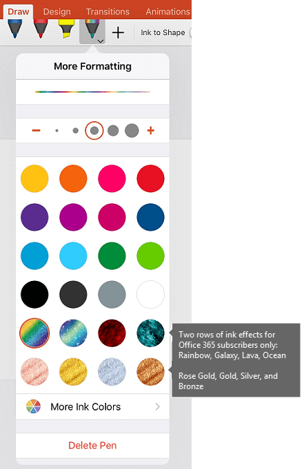 Ink colors and effects for drawing with ink in Office on iOS