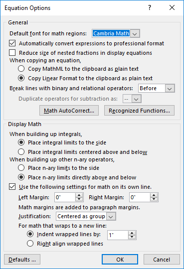 Image showing the Equation Options dialog box