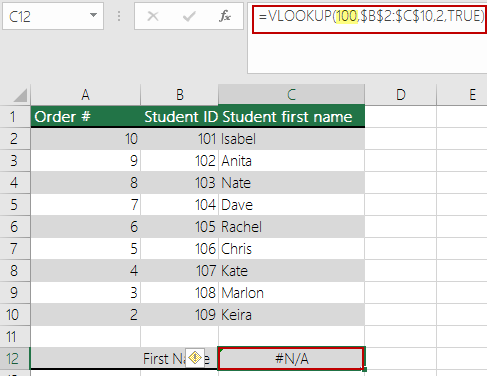 N/A error in VLOOKUP when the lookup value is smaller than the smallest value in array