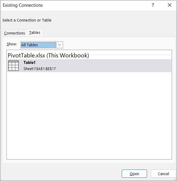 Tables tab in the Existing Connections dialog box