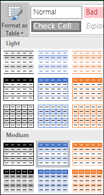 Excel Style Gallery selections for Format as Table