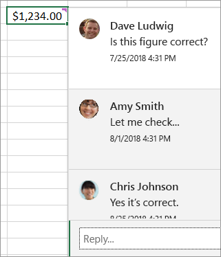 Cell with $1,234.00, and a threaded comment attached: "Dave Ludwig: Is this figure correct?" "Amy Smith: Let me check..." and so on