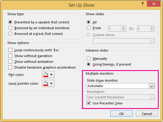 Monitor options in the Set Up Show dialog box