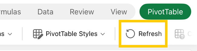 PivotTable refresh button in the ribbon on iPad.