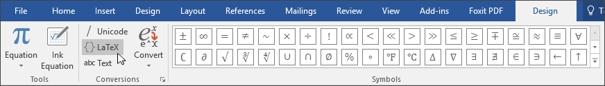 Image of the Design tab showing the equation formats available for LaTex format.