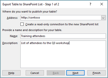 export to sharepoint wizard dialog box