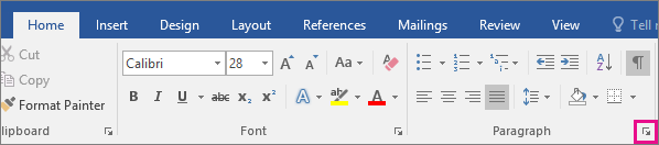 The arrow to open the Paragraph dialog box is highlighted on the Home tab.