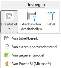 Vervolgkeuzelijst Draaitabel invoegen met de optie 'van Power BI'.