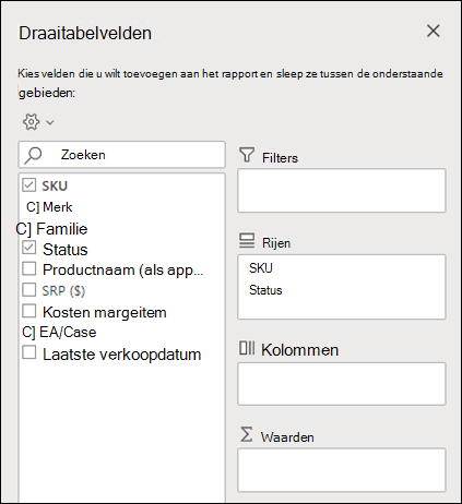 Draaitabelvelden in webversie van Excel