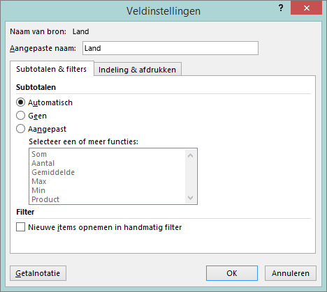 Subtotalen & tabblad Filters in het dialoogvenster Veldinstellingen