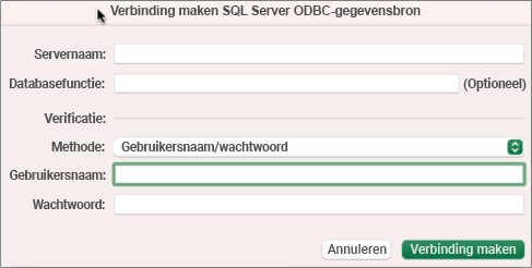 Het dialoogvenster SQL Server om de server, database en referenties in te voeren