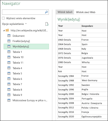 Power Query > Z sieci Web > Widok tabeli Nawigator