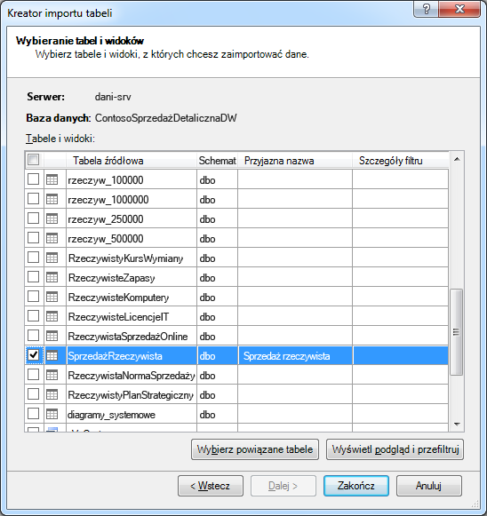 Kreator importu tabeli w dodatku PowerPivot