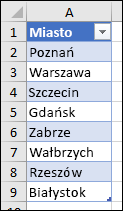 Tabela programu Excel używana jako źródło listy sprawdzania poprawności danych