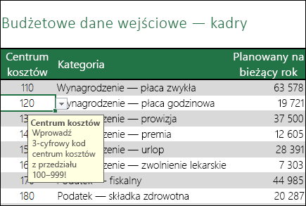 Gdy użytkownik wybiera komórkę, jest wyświetlany komunikat wejściowy