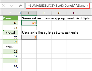 Używaj tablic, aby radzić sobie z błędami. Na przykład funkcja =SUMA(JEŻELI(CZY.BŁĄD(Dane),"",Dane) zsumuje zakres o nazwie Dane, nawet jeśli zawiera błędy, takie jak #WARTOŚĆ! lub #BRAK!.