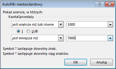 Okno dialogowe Autofiltr niestandardowy