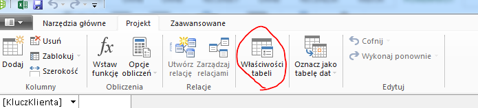 Wstążka w oknie programu PowerPivot z wyświetlonym poleceniem Właściwości tabeli