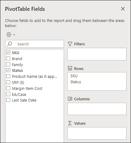 Pola tabeli przestawnej w Excel dla sieci web