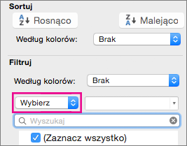 Wybieranie pozycji Wybierz w polu Filtry