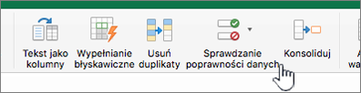 Menu danych paska narzędzi programu Excel z wybraną pozycją Sprawdzanie poprawności danych