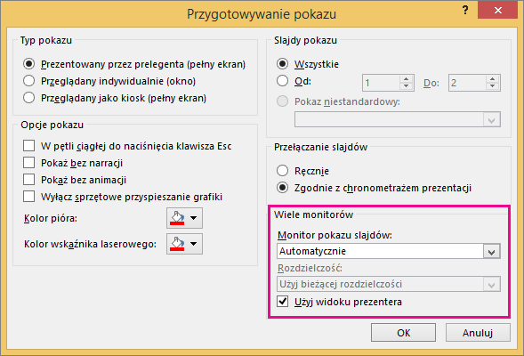 Opcje monitora w oknie dialogowym Przygotowywanie pokazu