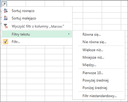 Opcje filtrowania niestandardowego dostępne w przypadku wartości liczbowych.