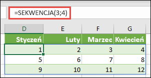Utwórz stałą tablicową z 3 wierszy na 4 kolumny z funkcją =SEKWENCJA(3,4)