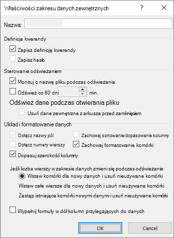 Przykład okna dialogowego Właściwości zakresu danych zewnętrznych