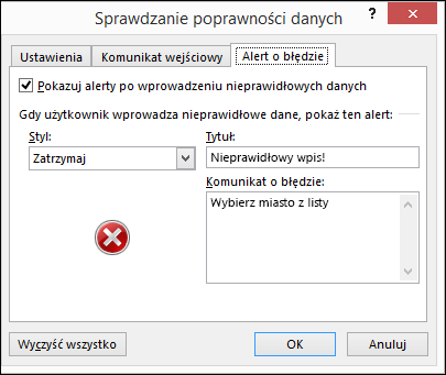 Opcje listy rozwijanej Komunikat o błędzie w oknie Sprawdzanie poprawności danych