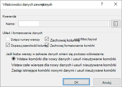 Przykład okna dialogowego Właściwości zakresu zewnętrznego