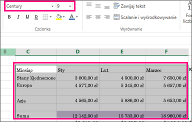 Zmienianie domyślnej czcionki arkusza na nową czcionkę.