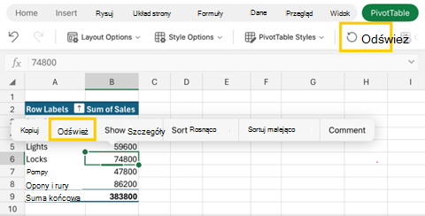 Zrzut ekranu przedstawiający odświeżającą się tabelę przestawną na Excel dla tabletu iPad