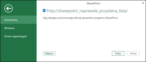 Program Excel Power Query nawiązywanie połączenia z oknie dialogowym Nawiązywanie połączenia z listą programu SharePoint