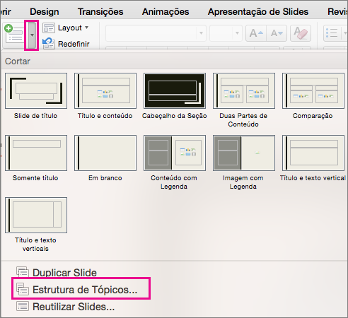 Inserir uma estrutura de tópicos no PowerPoint