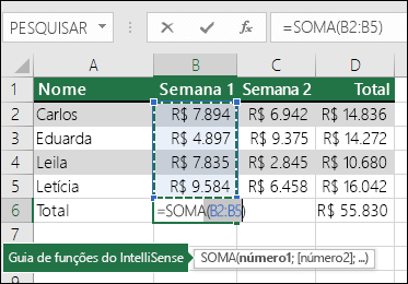 A célula B6 mostra a fórmula Soma AutoSoma: =SOMA(B2:B5)