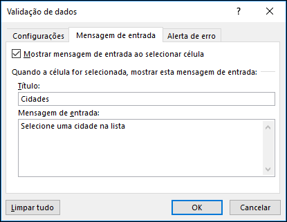 Opção de mensagem de entrada de validação de dados