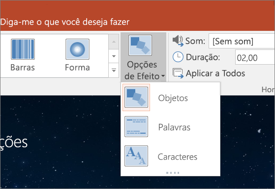 Mostra as opções de efeito de transição para a transição Transformar no PowerPoint 2016