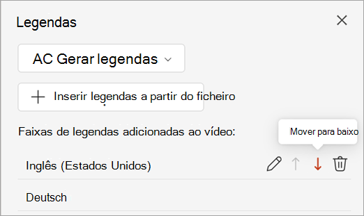 Botão Mover para baixo para uma faixa de legendas no painel Legendas.