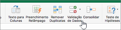 Menu de dados da barra de ferramentas do Excel com a opção Validação de Dados selecionada