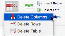 Selecione o botão Excluir e escolha Excluir Colunas ou Excluir Linhas.