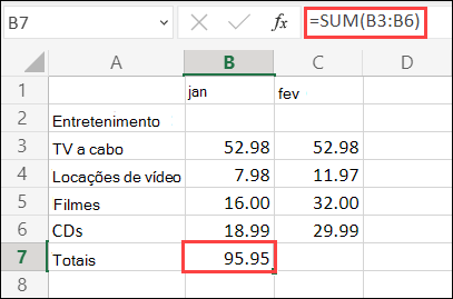 Fórmula AutoSoma do Excel na Web