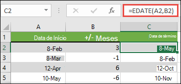 Utilize EDATE para adicionar ou subtrair meses a uma data. Neste caso, =DATAM(A2;B2) em que A2 é uma data e B2 tem o número de meses a adicionar ou subtrair.