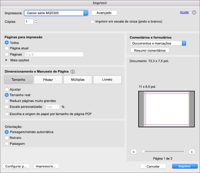 Escolha as configurações de impressão na caixa de diálogo Imprimir