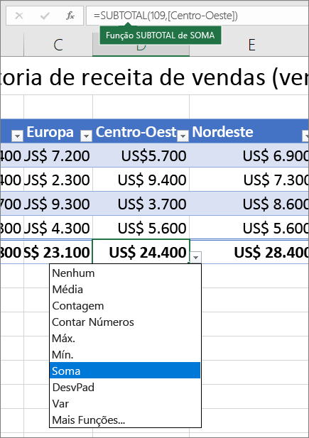 Exemplo de seleção de uma fórmula Linha de Totais na lista suspensa de fórmulas Linha de Totais