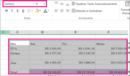 alterado para uma nova fonte a partir da fonte da planilha padrão.