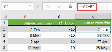 Adicione ou subtraia dias de uma data com =A2+B2, em que A2 é uma data e B2 é o número de dias a adicionar ou subtrair.